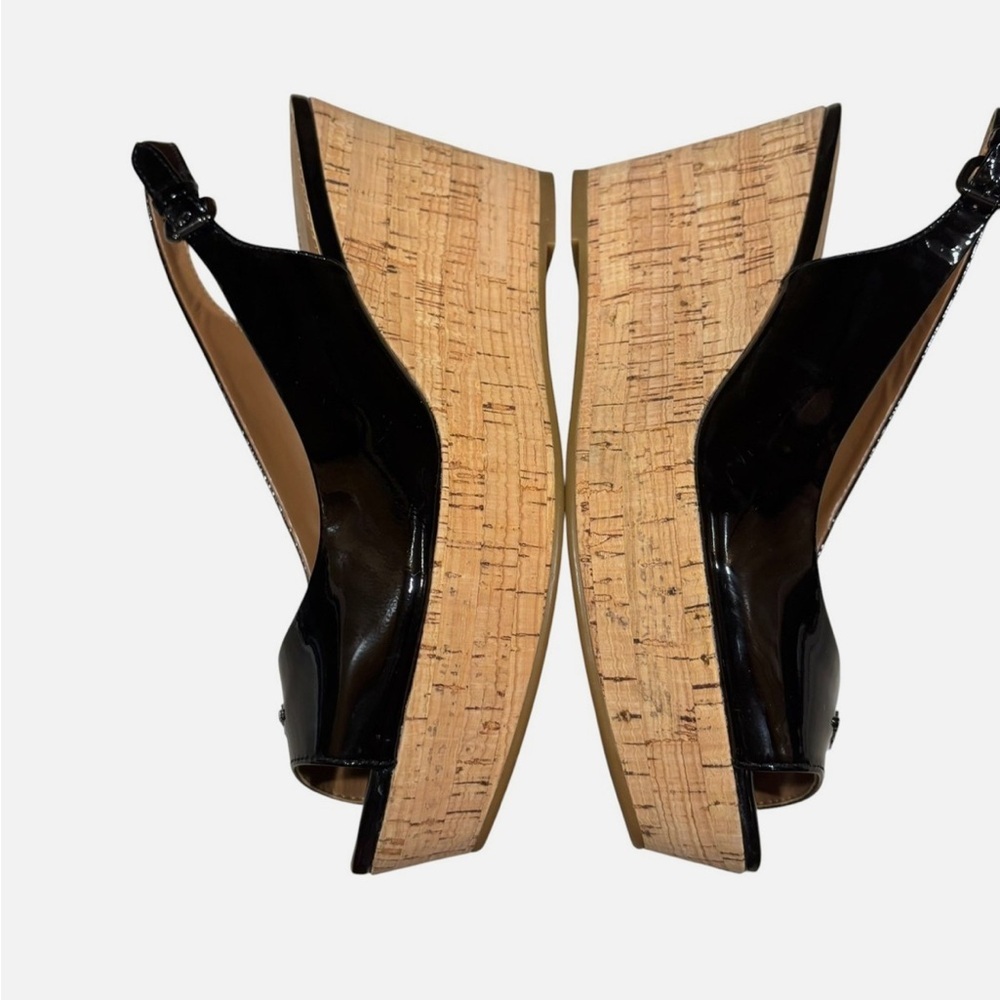 NWOB Coach Ferry Black Patent Leather Peek A Boo Toe Slingback Cork Wedges 8.5B - Picture 6 of 10